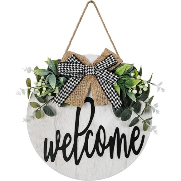 Welcome Sign for Front Porch Spring Wreaths- Rustic Wooden Door Hanger